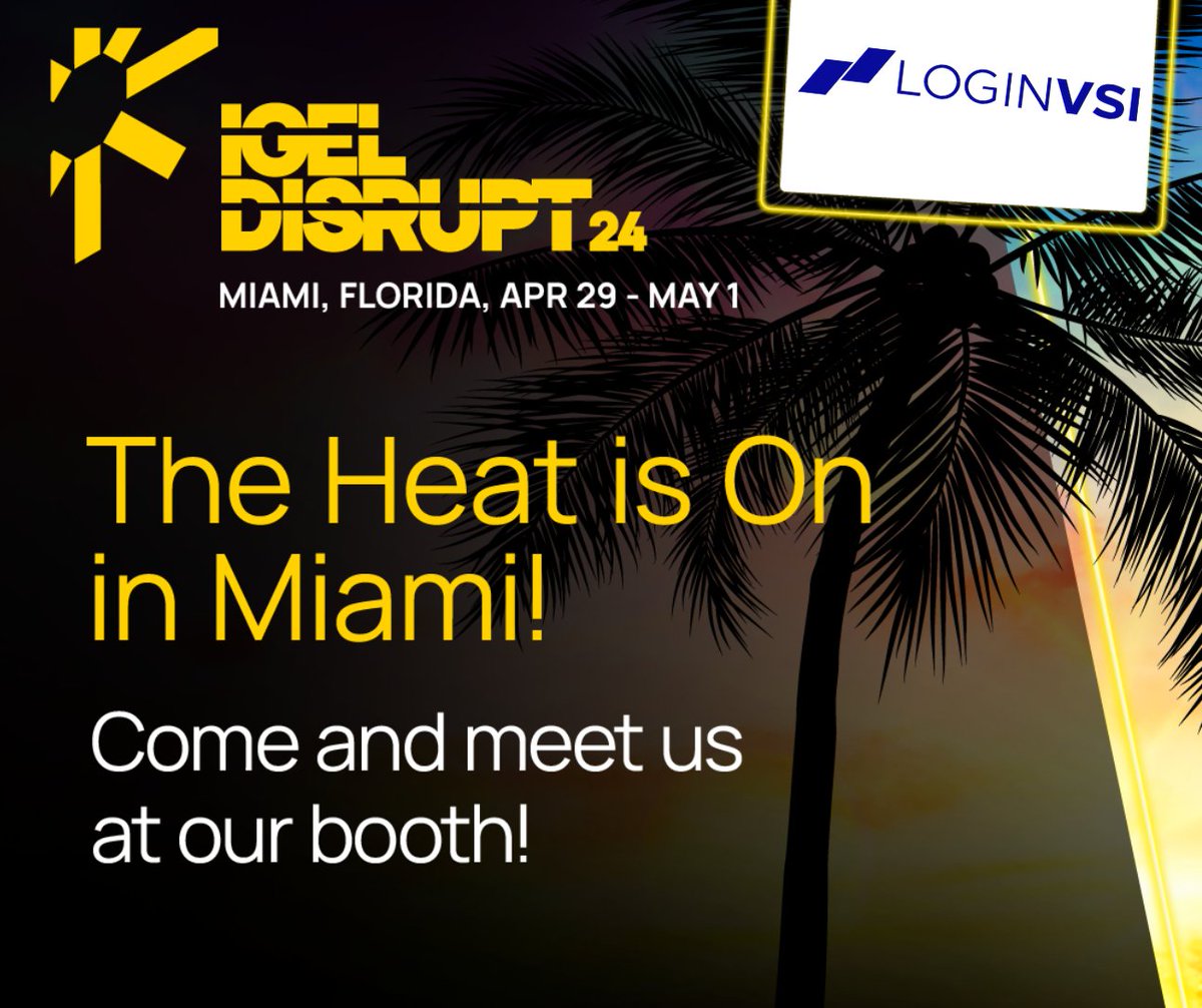 Are you attending #Disrupt24? We are here and ready for an awesome event!

Stop by booth 17 to say hi to the Login VSI team! 👋🏽

#LoginVSI #LoginEnterprise #igel #igeltechnology #UserExperience #cloudcomputing #EndUserComputing