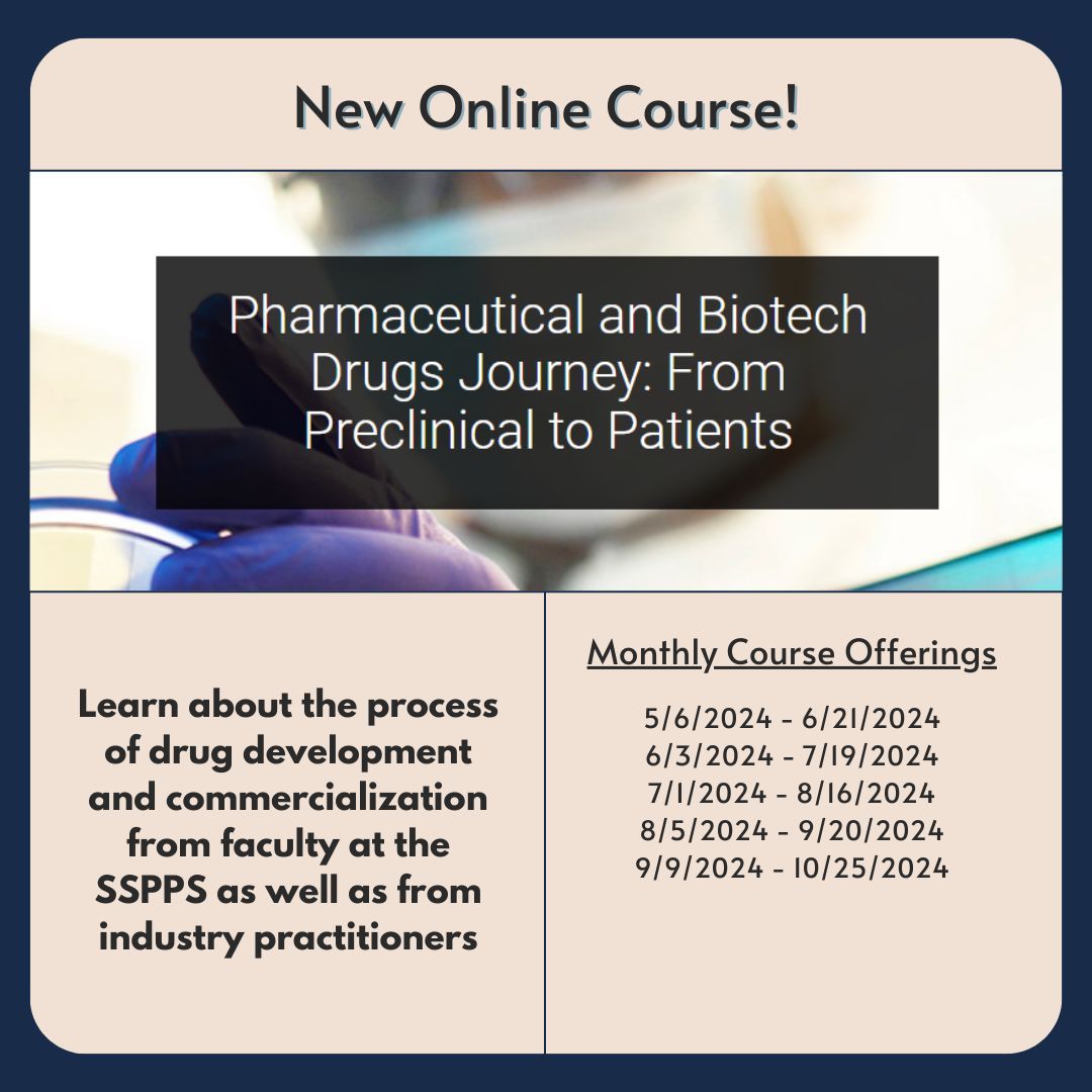 🚨 Starting next week 🚨 Our MS in DDPM program is offering an online course, Pharmaceutical and Biotech Drugs Journey: From Preclinical to Patients, to those seeking to learn more about the process of drug development and commercialization. Learn more: buff.ly/42tjimt