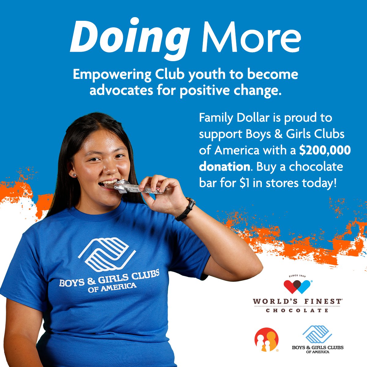 Family Dollar is proud to support Boys & Girls Clubs of America and Club (@bgca_clubs) youth in advocating for positive change in their communities. Learn more and buy a World’s Finest Chocolate® bar in stores to show your support: FD.social/7xkb50QO0l1
