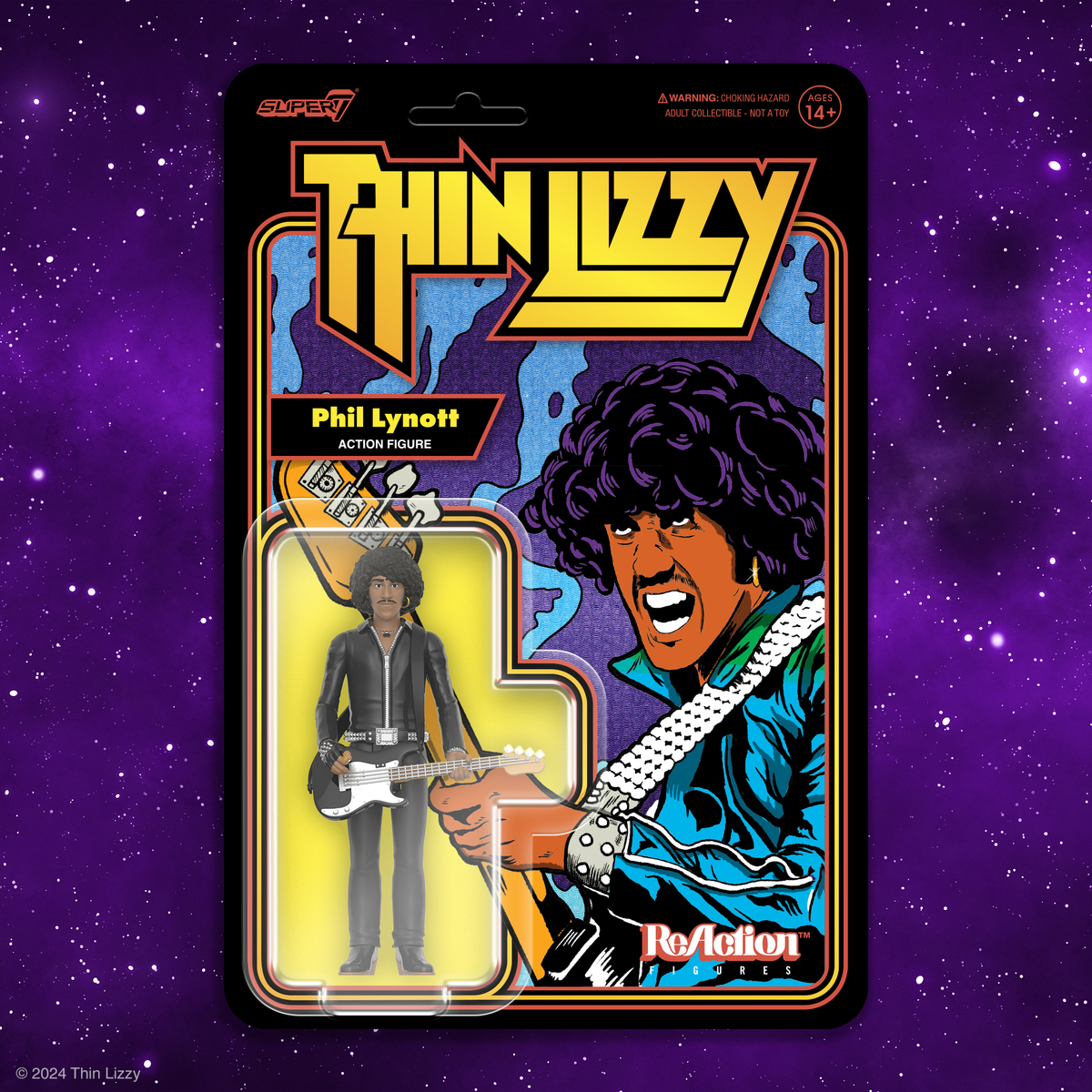 As frontman, lyricist, and bass player, Phil Lynott was the force behind Thin Lizzy’s unique blending of poetry and Hard Rock! This 3.75” scale Thin Lizzy ReAction Figure is inspired by the cover from the group’s Live and Dangerous album. Available now at Super7.com!