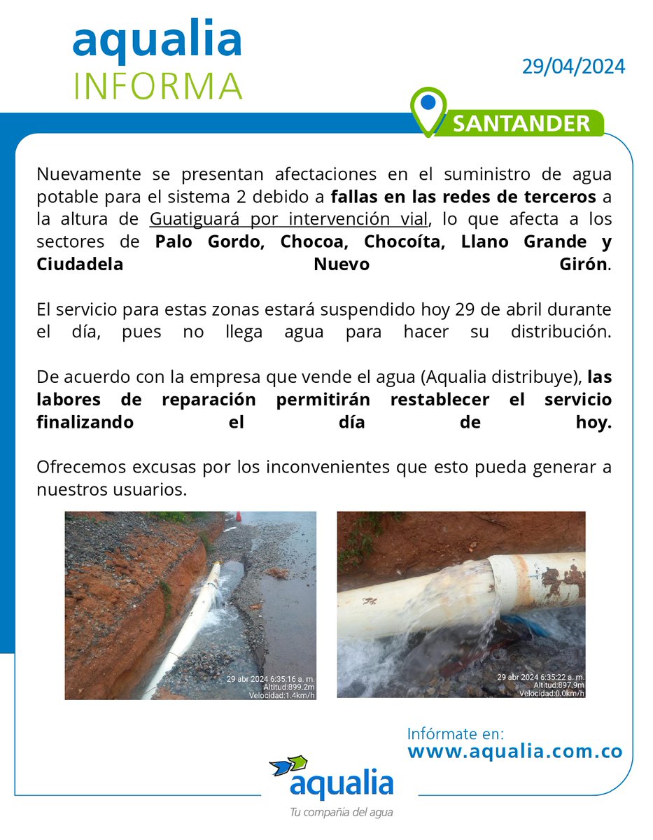 #AqualiaCol_Informa 🇨🇴 | 29 de abril #Santander 📣 Infórmate aquí con nuestro último. 

#AqualiaColombia