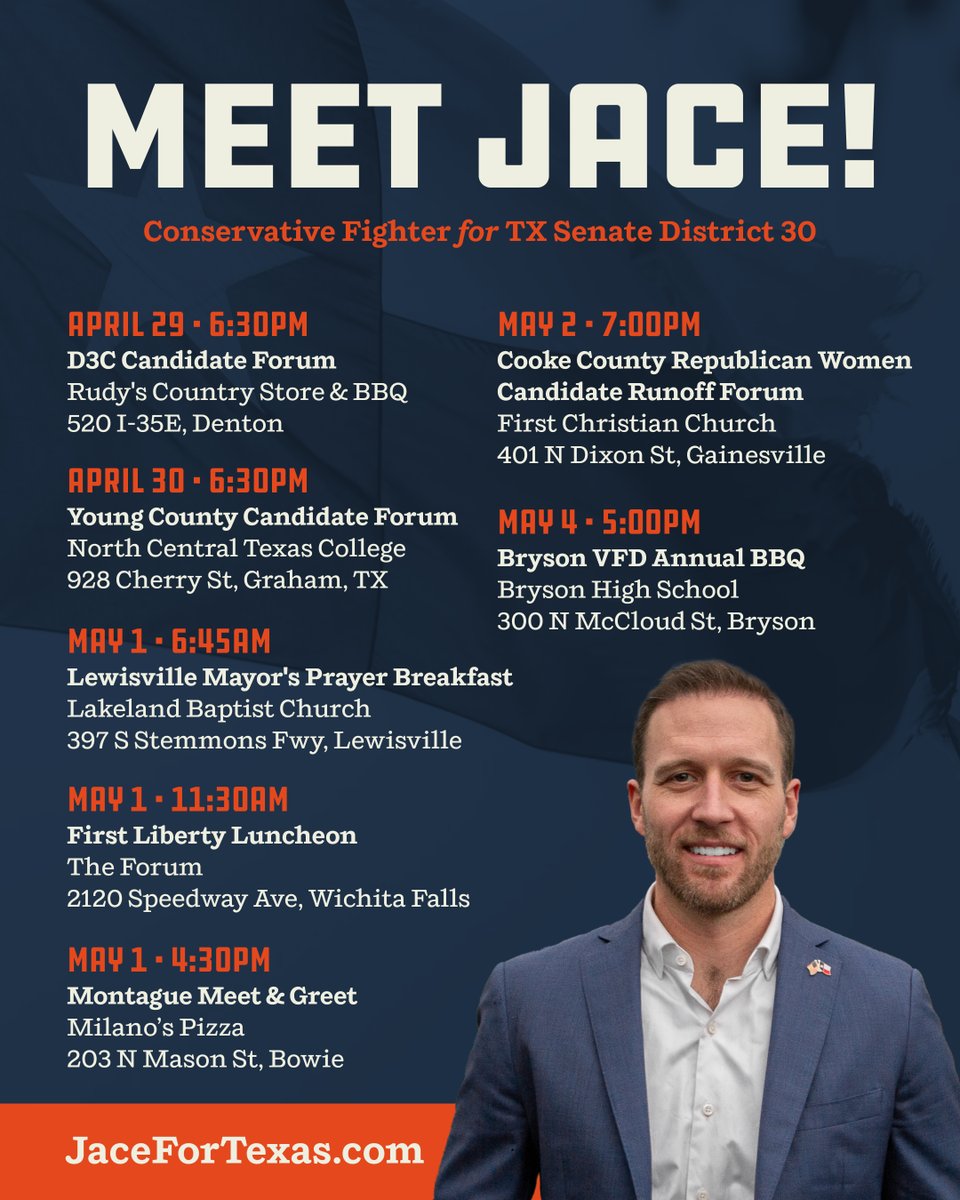 Join us at tonight's Denton County Conservative Coalition candidate forum and many other stops all across the district this week. Look forward to seeing y'all! #SD30