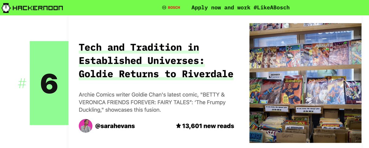 Wowwwww!!! Thank you everyone who read the amazing @hackernoon article and got it to 6th most read article on the platform It's on my @ArchieComics journey (written by the amazing @prsarahevans)! Read here: hackernoon.com/tech-and-tradi…