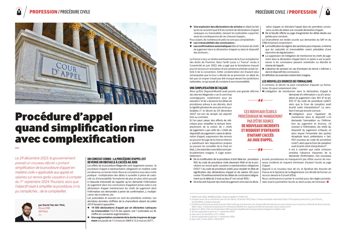 Dans la #LettreSAF ⚖️Retrouvez l'article rédigé par @David_dvdv, notre élu au CNB ' Procédure d’appel quand simplification rime avec complexification' ▶️ lesaf.org/la-lettre/mai-…