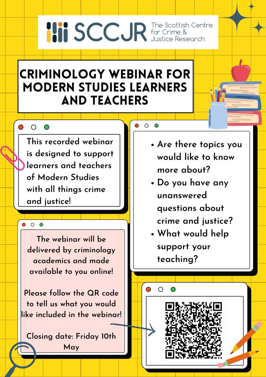 Calling all Modern Studies learners and teachers! We're putting together a webinar and we aim to answer your #crime and #justice questions. Closing date for questions is Friday 10th May. Thanks to those who have sent theirs in. Link in the poster below <a href="/MSAScotland/">Modern Studies Association (MSA)</a> <a href="/TheSCCJR/">SCCJR</a>