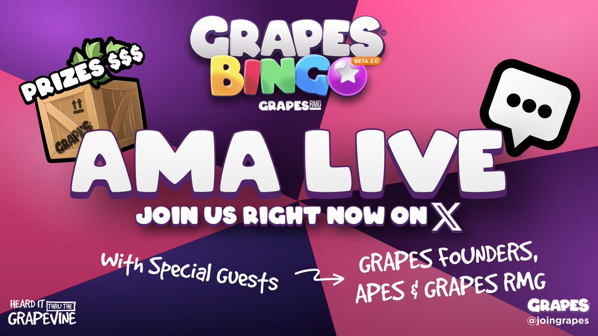 🍇Grapes Bingo AMA + Event LIVE now! 🔈Join in the event now on X 🥤 Get all the Bingo juice 🏆Prizes to be won @ApeAccelerator @apecoin @JoinGrapeCoin @BoredApeYC Follow the link to join 👇twitter.com/i/broadcasts/1…