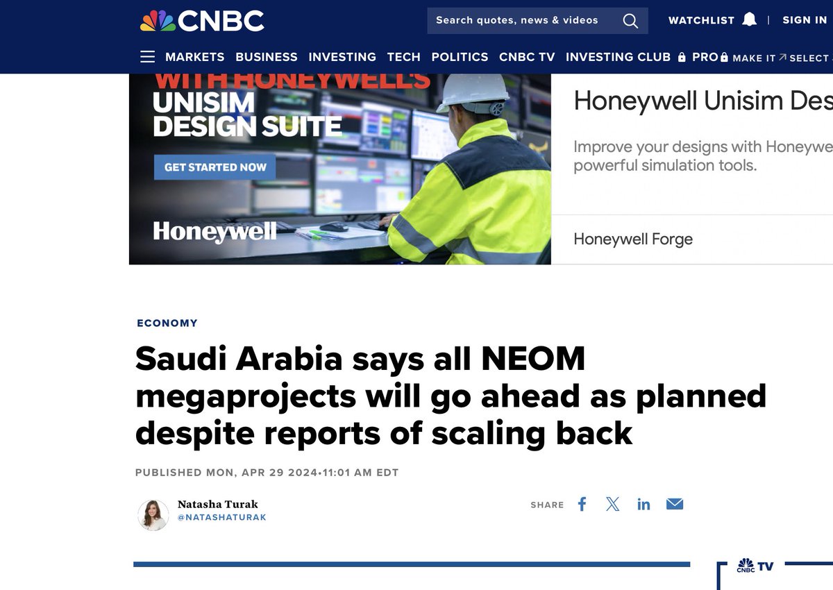 حسب تقرير من cnbc🇺🇸--

🇸🇦 المملكة العربية السعودية تدحض الشائعات رسميا وبأن جميع مشاريع نيوم العملاقة ستمضي قدماً كما هو مخطط لها بالرغم التقارير عن تقليص حجمها.

ماهي التفاصيل؟

⁃رفض وزير الاقتصاد السعودي التقارير الأخيرة التي تفيد بأن مشروع نيوم الضخم الذي تبلغ قيمته 1.5