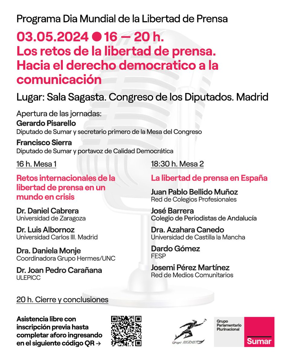 Este viernes celebramos el día de la libertad de prensa para pensar los retos democráticos. Agenda @sumar .