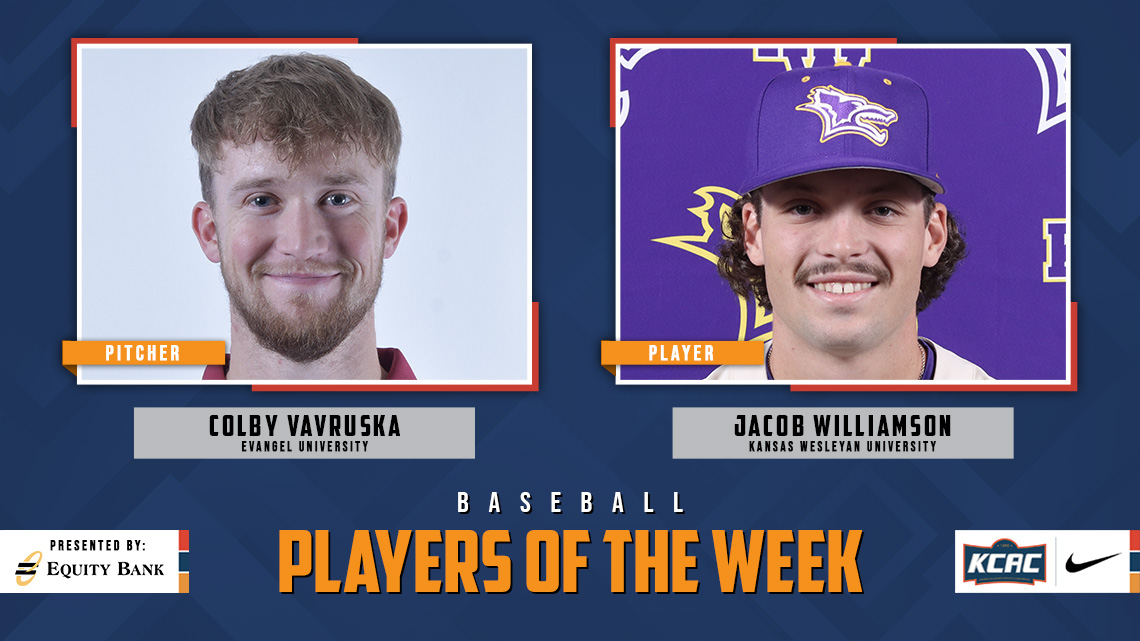 Colby Vavruska of @EvangelValor and Jacob Williamson of @kwucoyotes Earn KCAC Baseball Weekly Honors, presented by @EQUITYBANK! #KCACbsb #LetsBuildEquity #LetsBuildLeaders kcacsports.com/news/2024/4/29… @NAIA @NAIABall