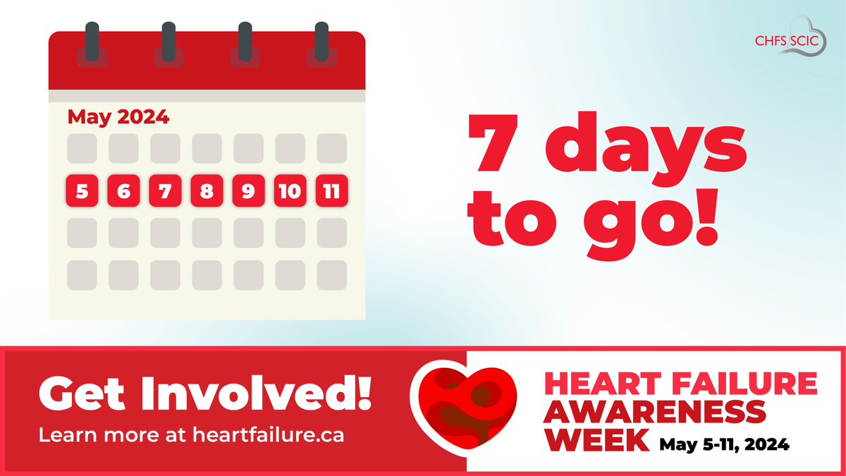 The countdown begins! ⏳
Just 7 days until Heart Failure Awareness Week 2024 kicks off. Join us in spreading awareness and advocating for heart health. Together, we can make a meaningful impact! For a list of resources, visit: heartfailure.ca #HeartFailureWeekCan