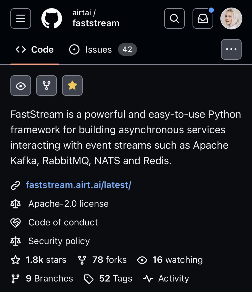 Aaand we’re already at ⭐ 1800 ⭐ on #GitHub! 🤩 #FastStream ❤️#DEVCommunity! 

FastStream: bit.ly/FastStreamFram…
Discord: bit.ly/FastStreamDisc…

#Python #Kafka #RabbitMQ #NATS #Redis #Confluent #opensource #streaming