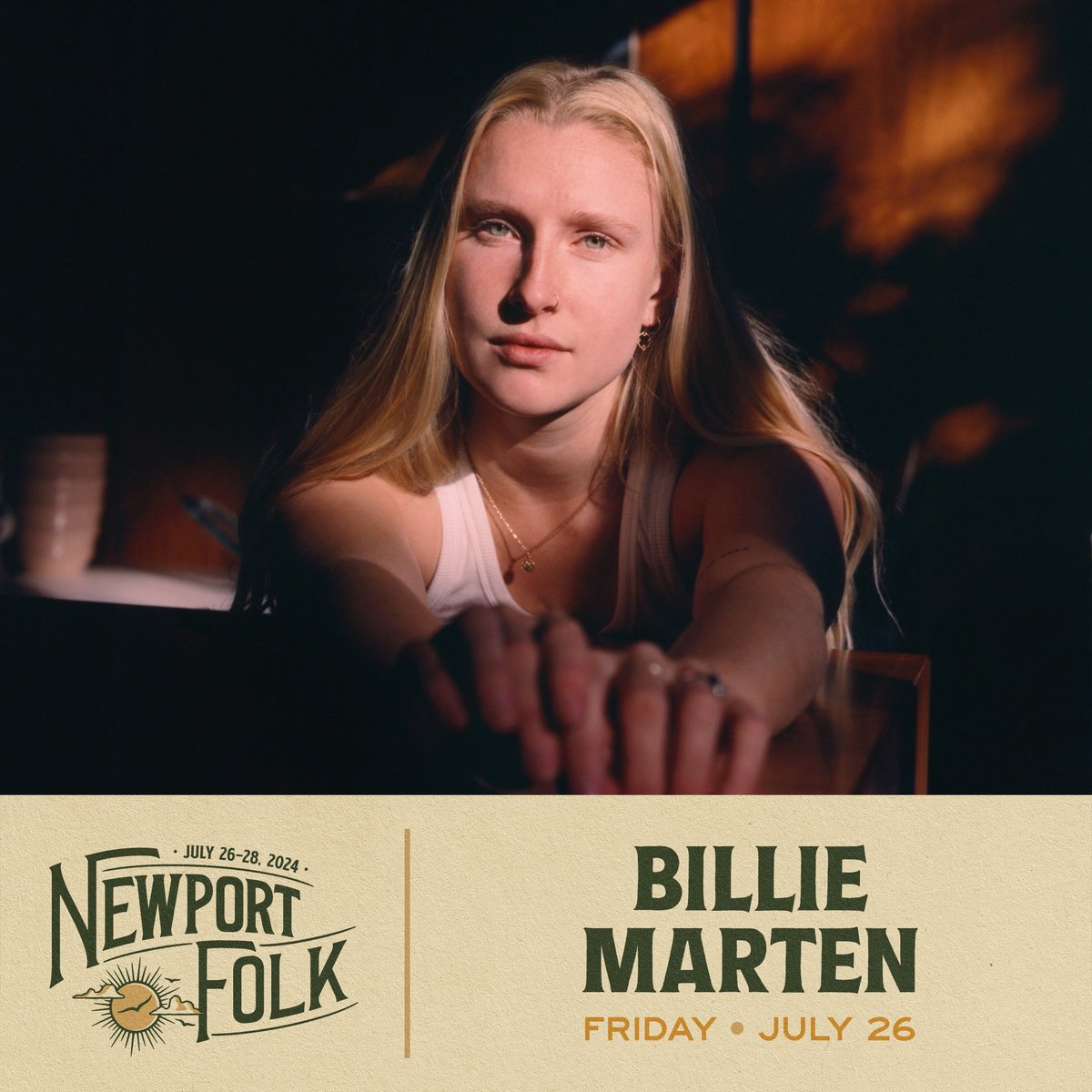 Please welcome @BillieMarten to this summer's Friday lineup. For  Billie's Artist Give, @newportfestsorg will provide a grant to @theangelband, which helps provide life-affirming music therapy for survivors of sexual assault.