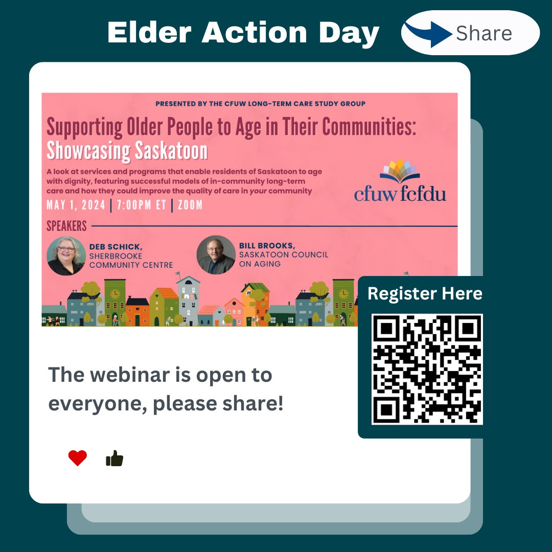 There is still time to register!  May 1st at 7:00 PM  the CFUW Long-Term Care Study Group presents their webinar: 'Supporting Older People to Age in Their Communities: Showcasing Saskatoon. cutt.ly/Fw67qNLy
#AgingWithDignity #CommunityCare #WebinarAlert