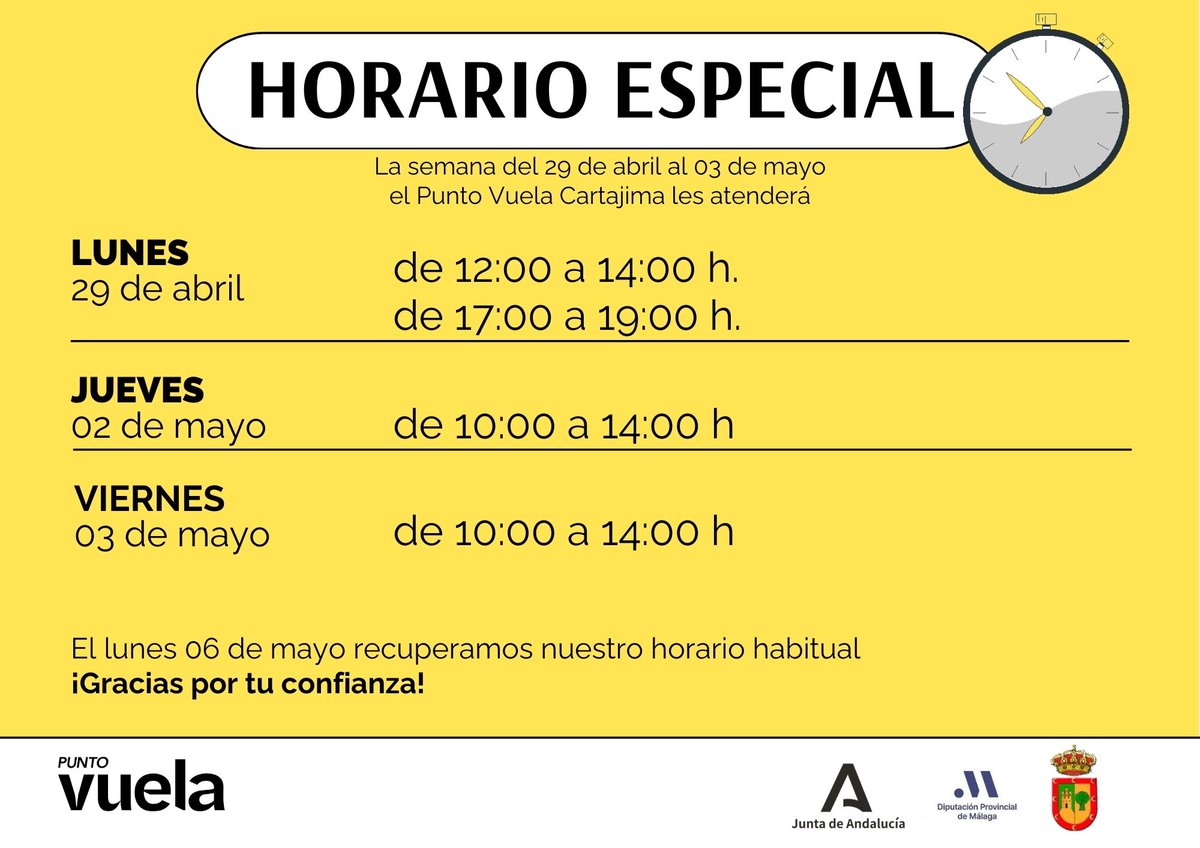 ⏰Horario especial⏰ La semana del 29 de abril al 03 de mayo el @CartajimaVuela les atenderá en el siguiente horario. #Cartajima #PuntoVuela #horarioespecial