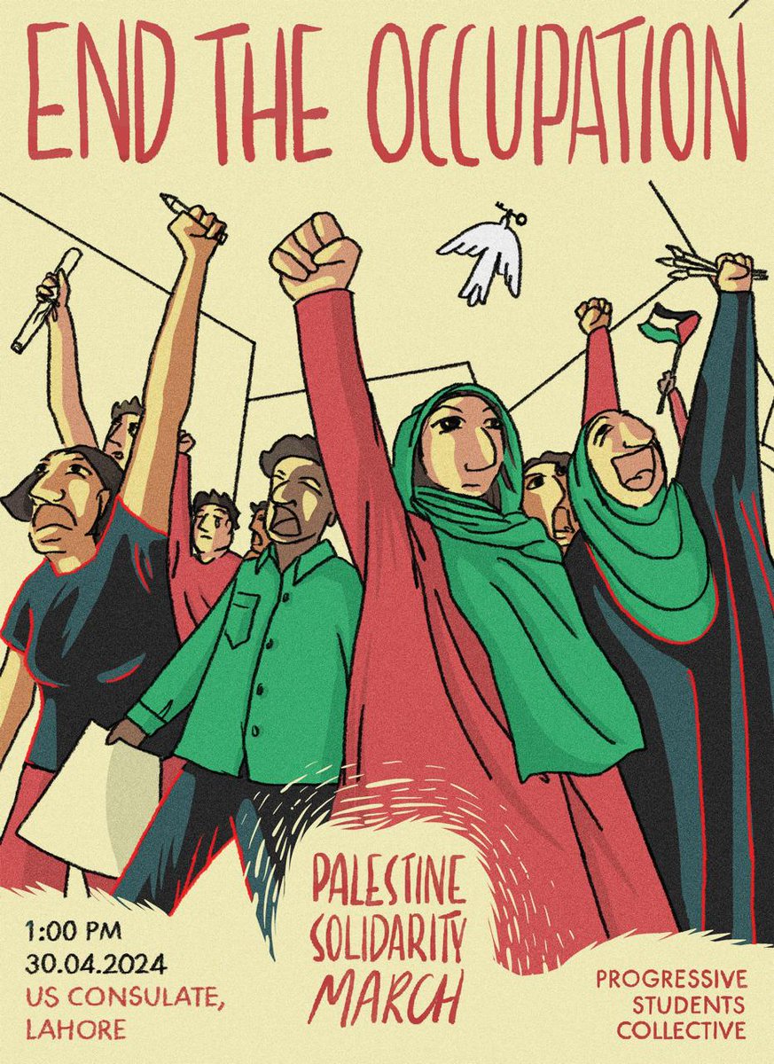 AuratMarch's tweet photo. We join @PSCollective_ in calling for an end to occupation, an end to genocide, end to zionism.
No one is free untill Palestine is free.

Tomorrow, April 30, 1 PM.
📍Shimla Pahari.

Artwork by Isma Gul Hasan. https://t.co/0U0Z4m1e8O