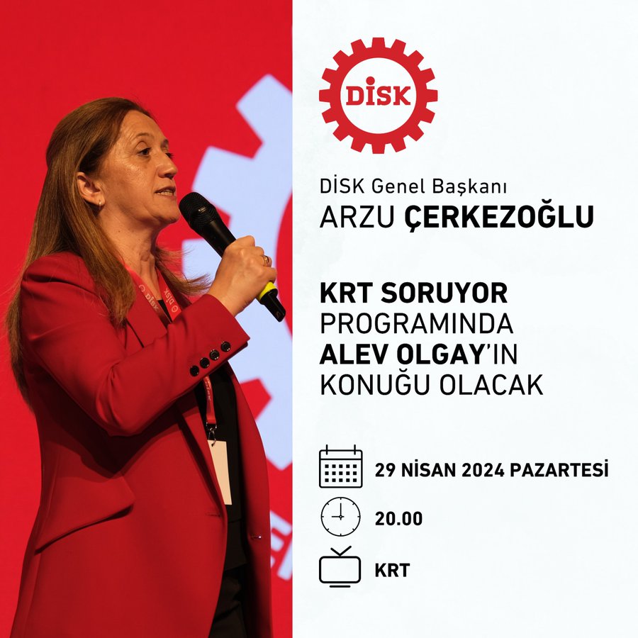 DİSK Genel Başkanı Arzu Çerkezoğlu #KRTSoruyor programında #1Mayıs ve emeğin gündemlerine dair soruları yanıtlayacak.