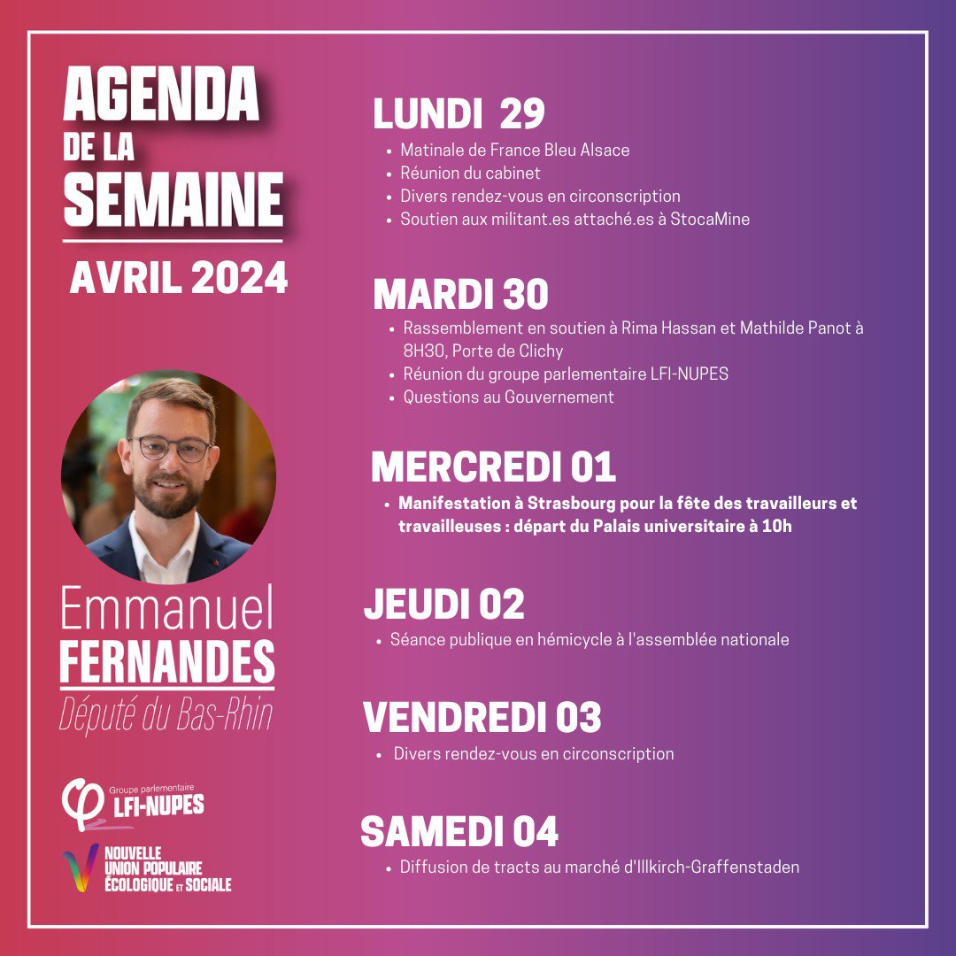 🗓️Agenda de la semaine :  

💧soutien aux militant·es attaché·es à StocaMine

✊Manifestation du 1er mai, mercredi 10h au Palais Universitaire

👥Rencontre avec les habitant·es d'Illkirch-Graffenstaden samedi matin, Cours de l'Illiade. 

#Strasbourg