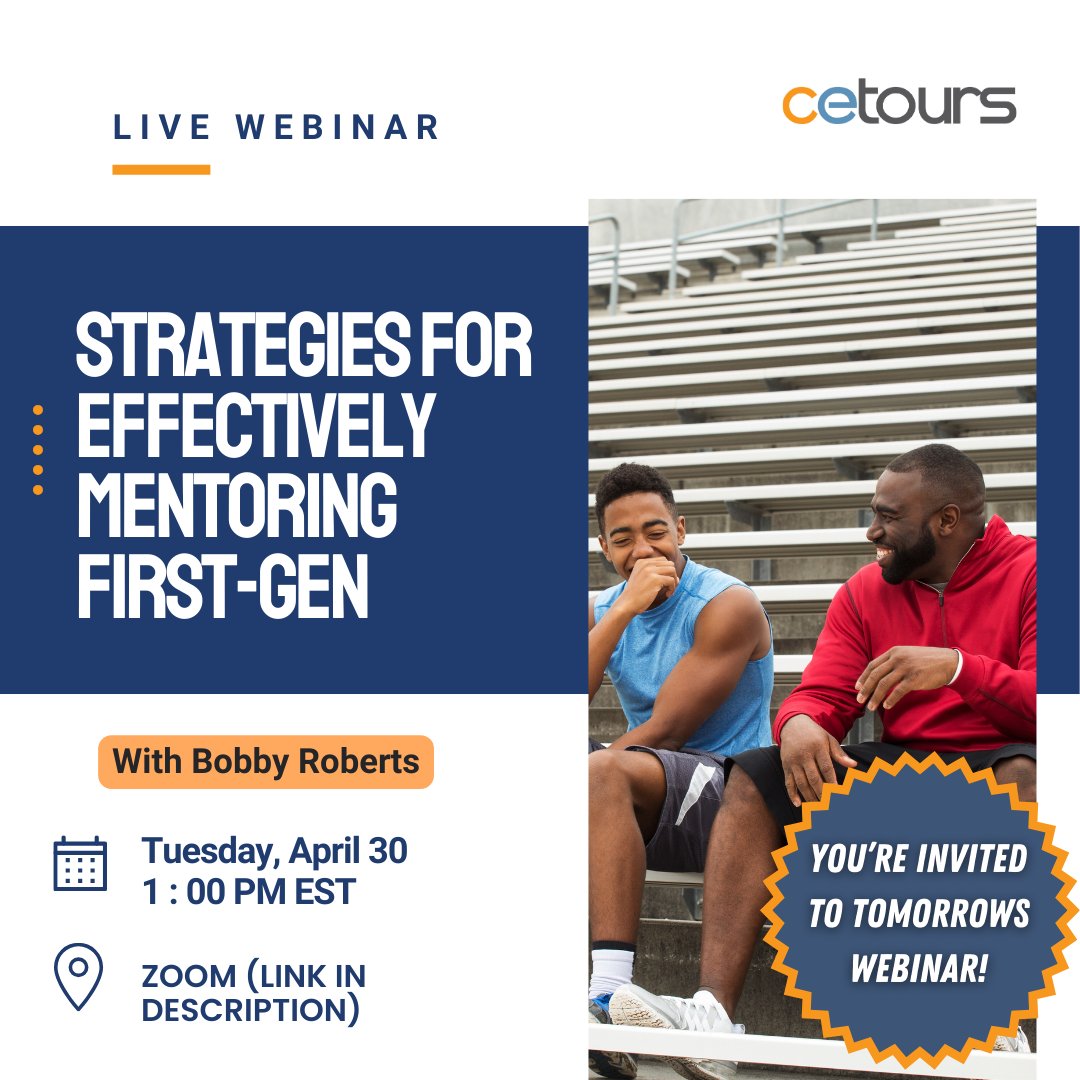 Cetours's tweet photo. Don't forget tomorrow's webinar: Strategies For Effectively Mentoring First-Gen Students! 🌟

📅 Date: Tuesday, April 30
⏰ Time: 12pm CST | 1pm EST
📍 Location: https://t.co/HXR35oHJcB

See you there! 🎓

#MentoringMatters #FirstGenSuccess #EmpowerFirstGen #EducationWebinar https://t.co/SZvJNV4hp7