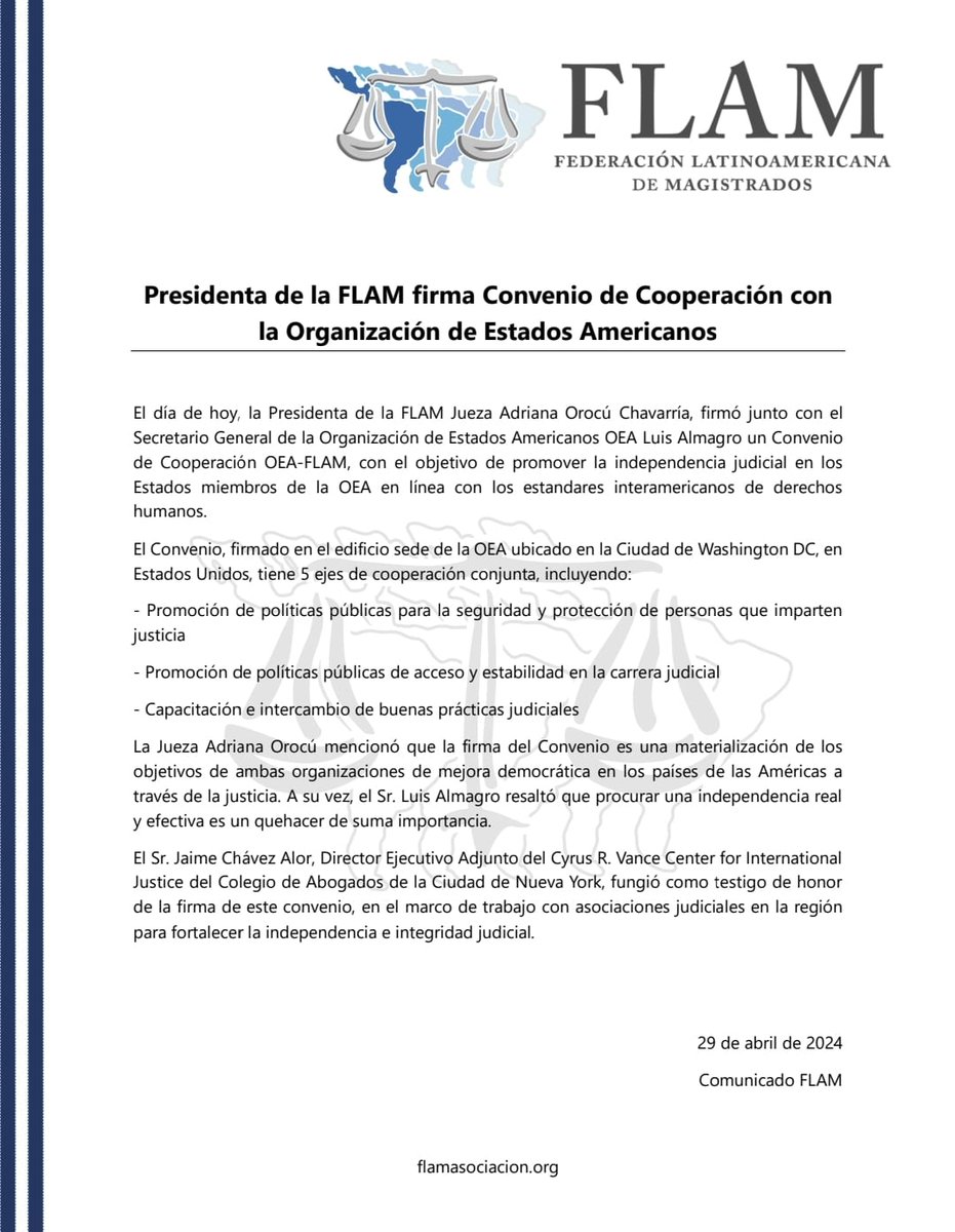 Federación Latinoamericana de Magistrados (@flam_asociacion) on Twitter photo Comunicado de <a href="/FLAM_asociacion/">Federación Latinoamericana de Magistrados</a> sobre el acuerdo firmado este lunes con el Secretario General de la <a href="/OEA_oficial/">OEA</a>, el señor <a href="/Almagro_OEA2015/">Luis Almagro</a>. Trabajamos en beneficio de la independencia judicial en Latinoamérica.
<a href="/ADRIANAOROCU/">Adriana Orocú</a>
<a href="/VanceCenter/">Vance Center for International Justice</a> Comunicado de <a href="/FLAM_asociacion/">Federación Latinoamericana de Magistrados</a> sobre el acuerdo firmado este lunes con el Secretario General de la <a href="/OEA_oficial/">OEA</a>, el señor <a href="/Almagro_OEA2015/">Luis Almagro</a>. Trabajamos en beneficio de la independencia judicial en Latinoamérica.
<a href="/ADRIANAOROCU/">Adriana Orocú</a>
<a href="/VanceCenter/">Vance Center for International Justice</a>