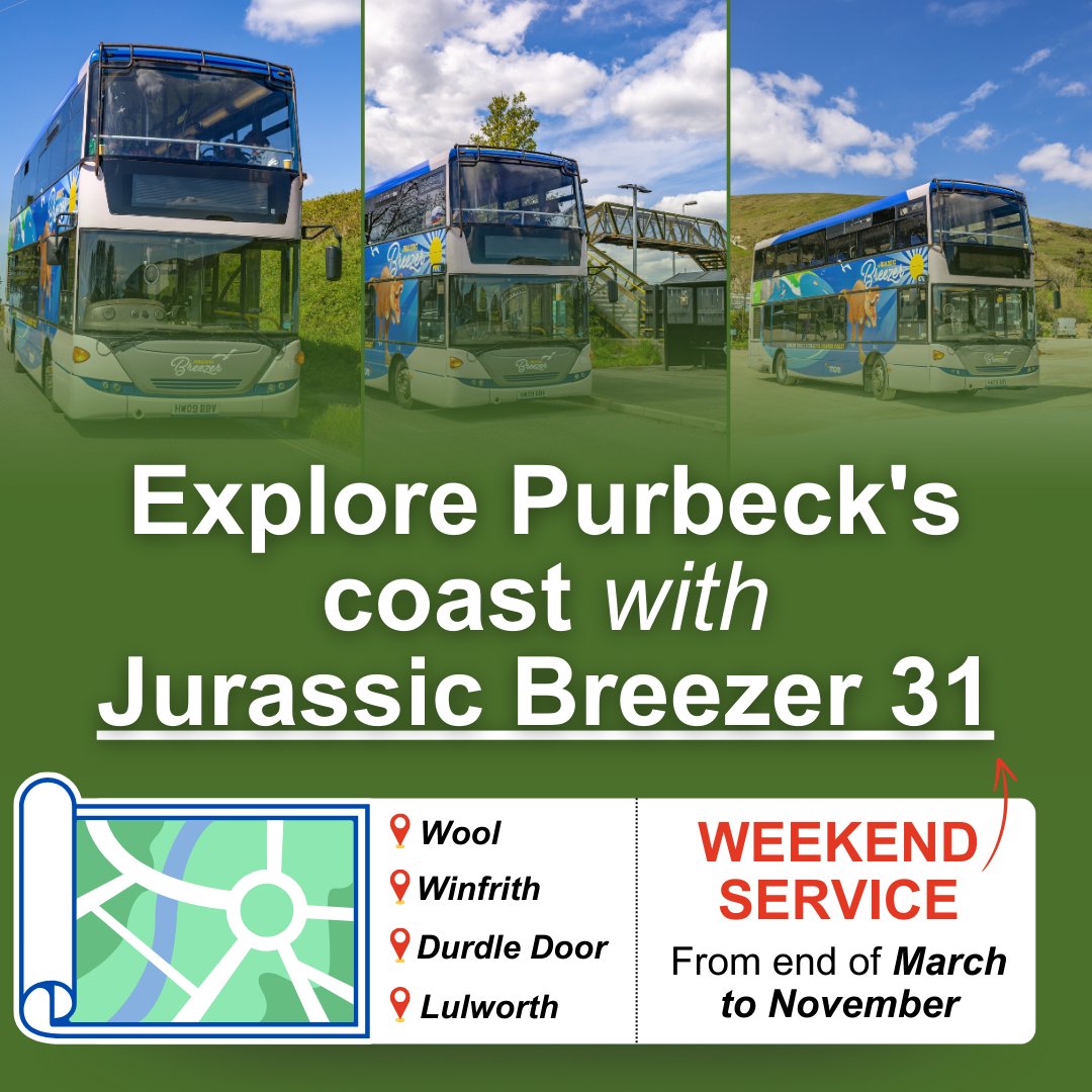 From end of March to November, hop on the 31 route for weekend adventures to Durdle Door and Lulworth Cove. 

With connections to Wool railway station, exploring the stunning coastline has never been easier. 

#DurdleDoor #Purbeck #Lulworth #LulworthCove #Wool @Morebusco