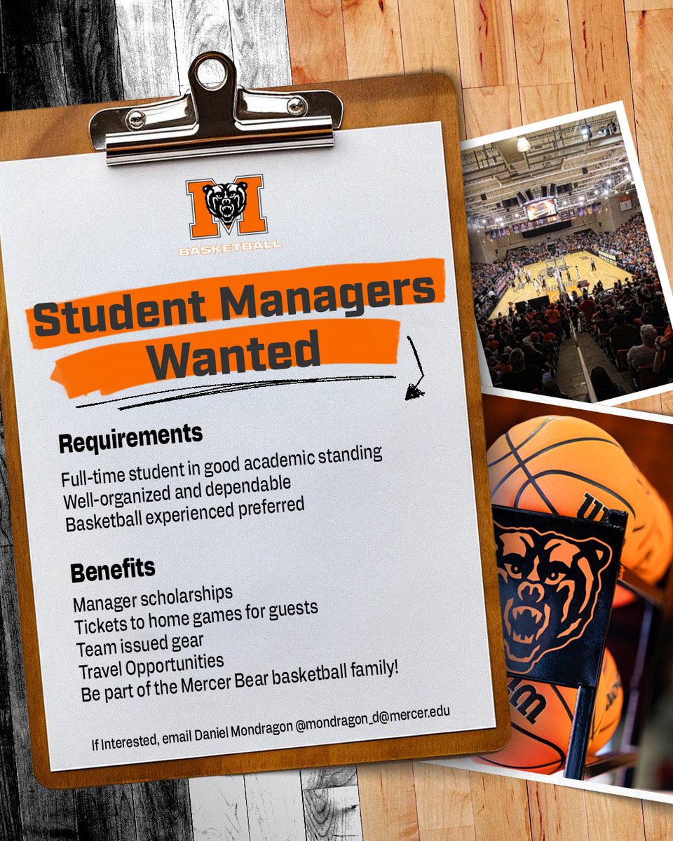 MercerMBB's tweet photo. We are looking for student managers to join our team for the upcoming 2024-25 season!

If you are interested please refer to the information below and send an email to coach Mondragon.

#RoarTogether https://t.co/bOklMcCL1N