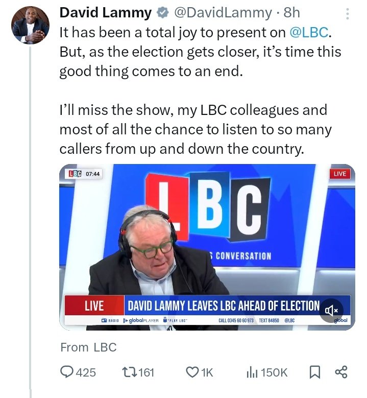 Hi @TiceRichard As @DavidLammy is giving up his show I take it you will be doing the same thing with yours? You seemed concerned about it. Or is that completely different now it's actually happened? #ReformUK
