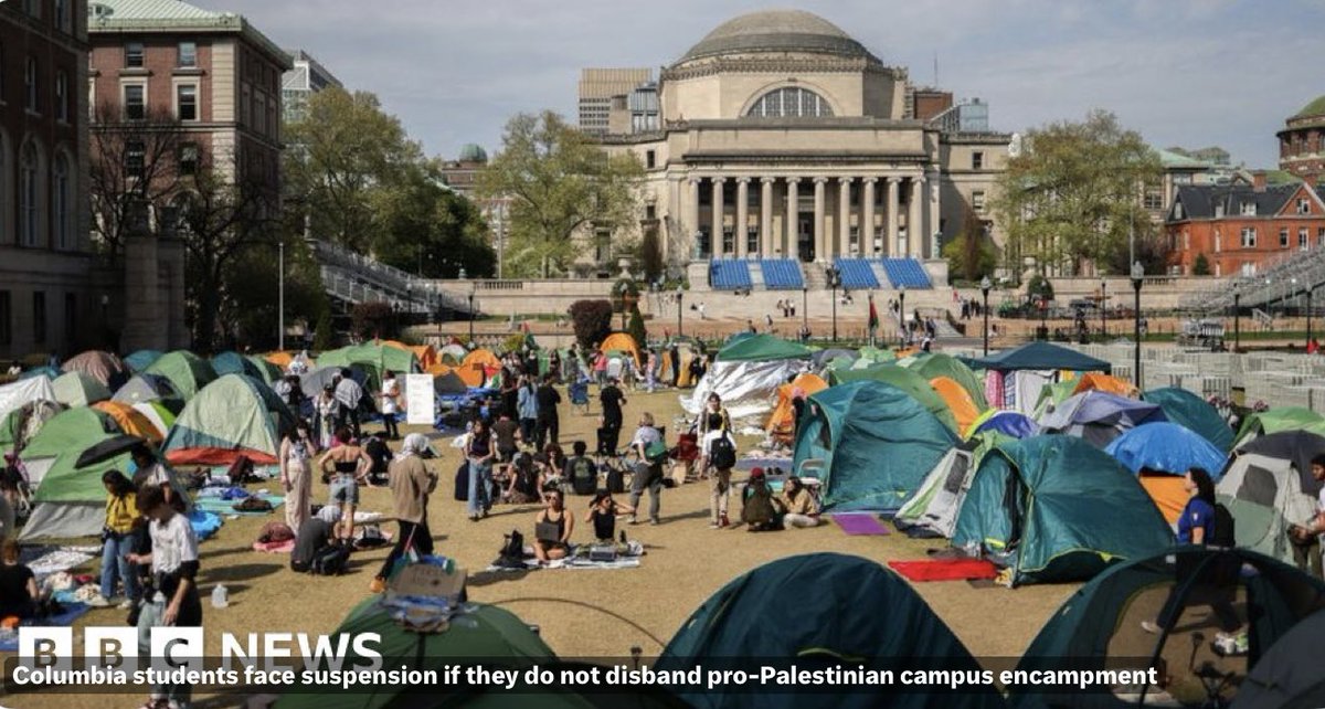 Columbia Üniversitesi öğrencileri Filistin yanlısı kampüs kampını dağıtmazlarsa uzaklaştırma cezası alacaklar. Kaynak : BBC News ( World )