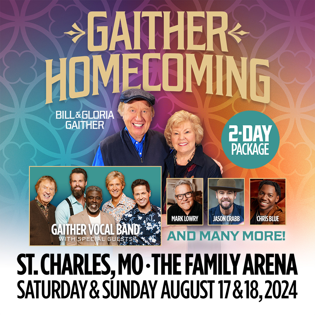 🚨 We're excited to announce another Gaither Homecoming event is happening August 17-18, 2024 in St. Charles, Missouri with special guests including the Gaither Vocal Band, Mark Lowry, Jason Crabb, Chris Blue and so many more! Ticket pre-sale starts Wednesday, May 1 at 10:00 AM.