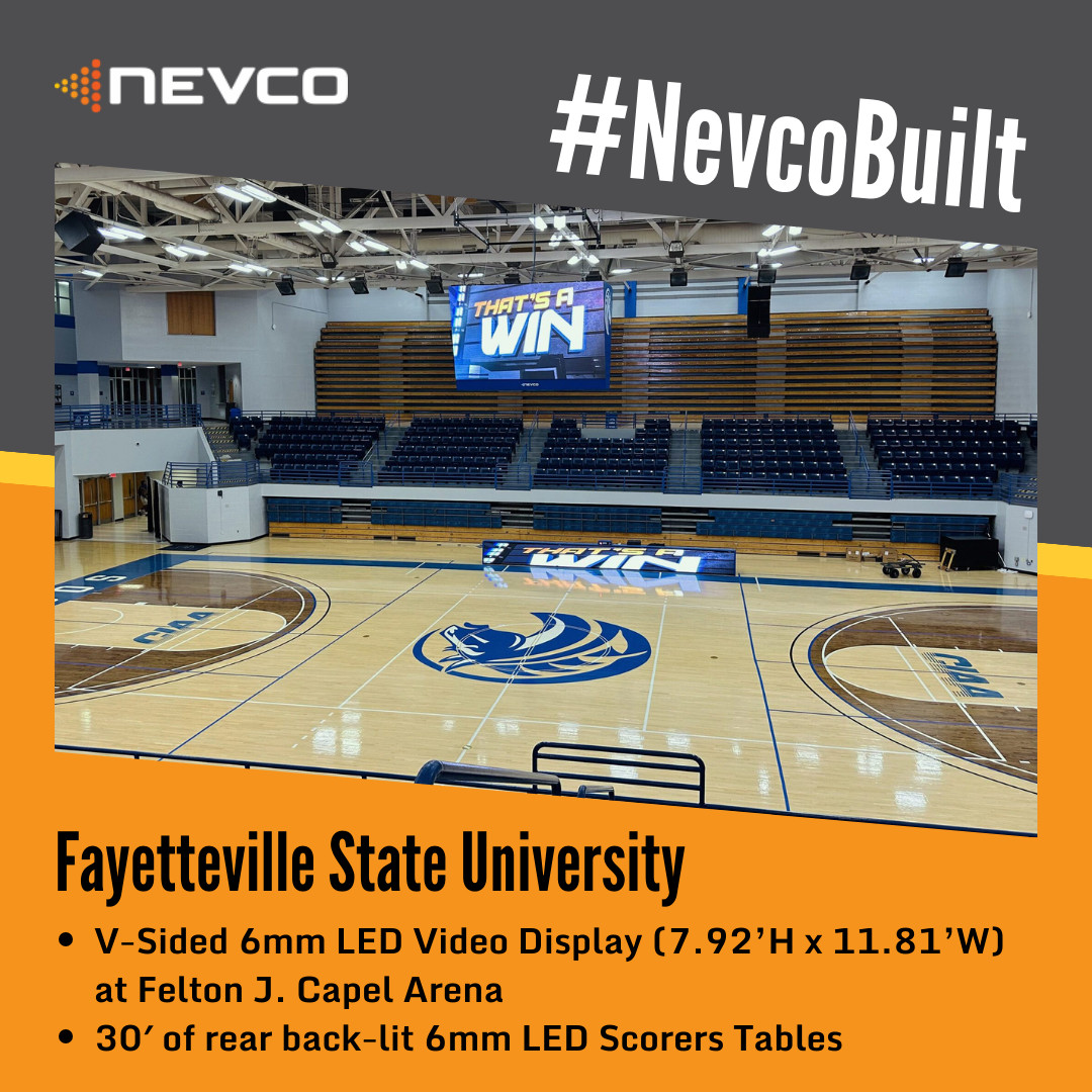 Check out what #NevcoBuilt at Fayetteville State University (@uncfsu)! 🏀✨ 🔗 See more: nevco.com/project/fayett… #nevco #displays #led #scoreboards #manufacturing