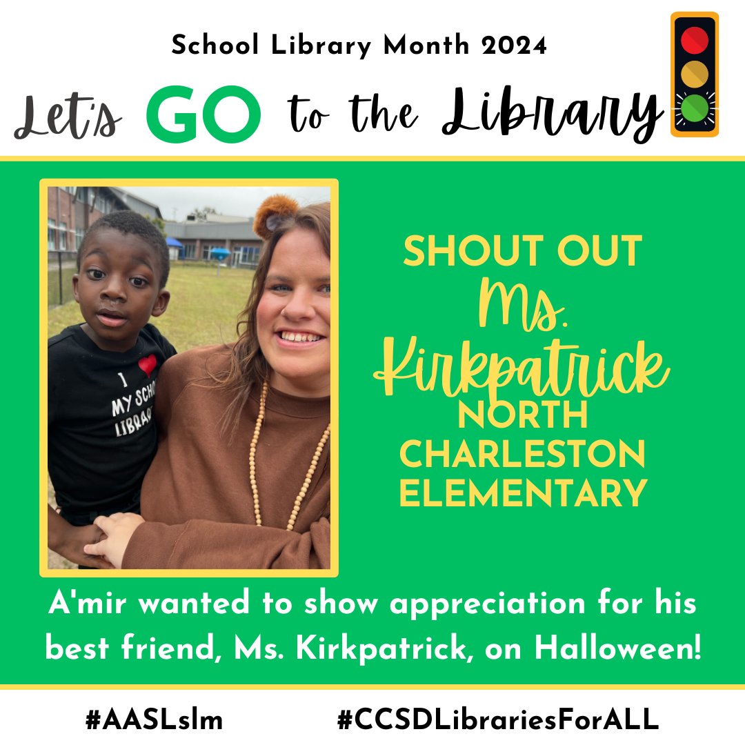 Ms. Kirkpatrick at North Charleston Elementary @ccsconnects @scaslnet @aaslis adored by her staff and students for all the fun she creates in the library and her big heart! #AASLslm #CCSDLibrariesForALL