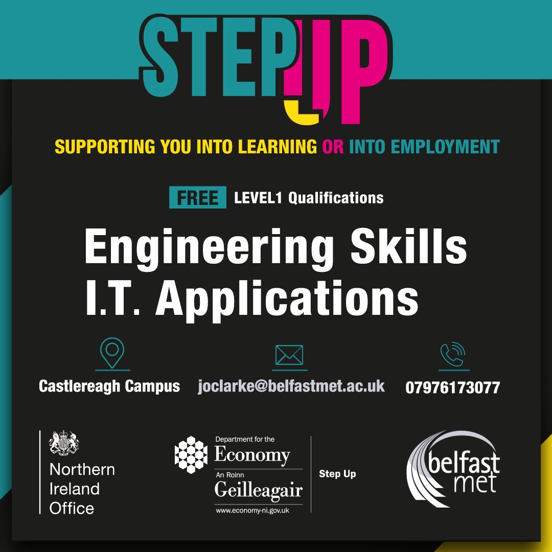 We are seeking applications for Level 1 in Engineering Skills or Level 1 in IT Applications, based at our Castlereagh Campus. To be eligible, participants must be 16+, able to work in NI, and have lived in NI for a minimum of 3 years. Apply today👉🏻📧 joclarke@belfastmet.ac.uk