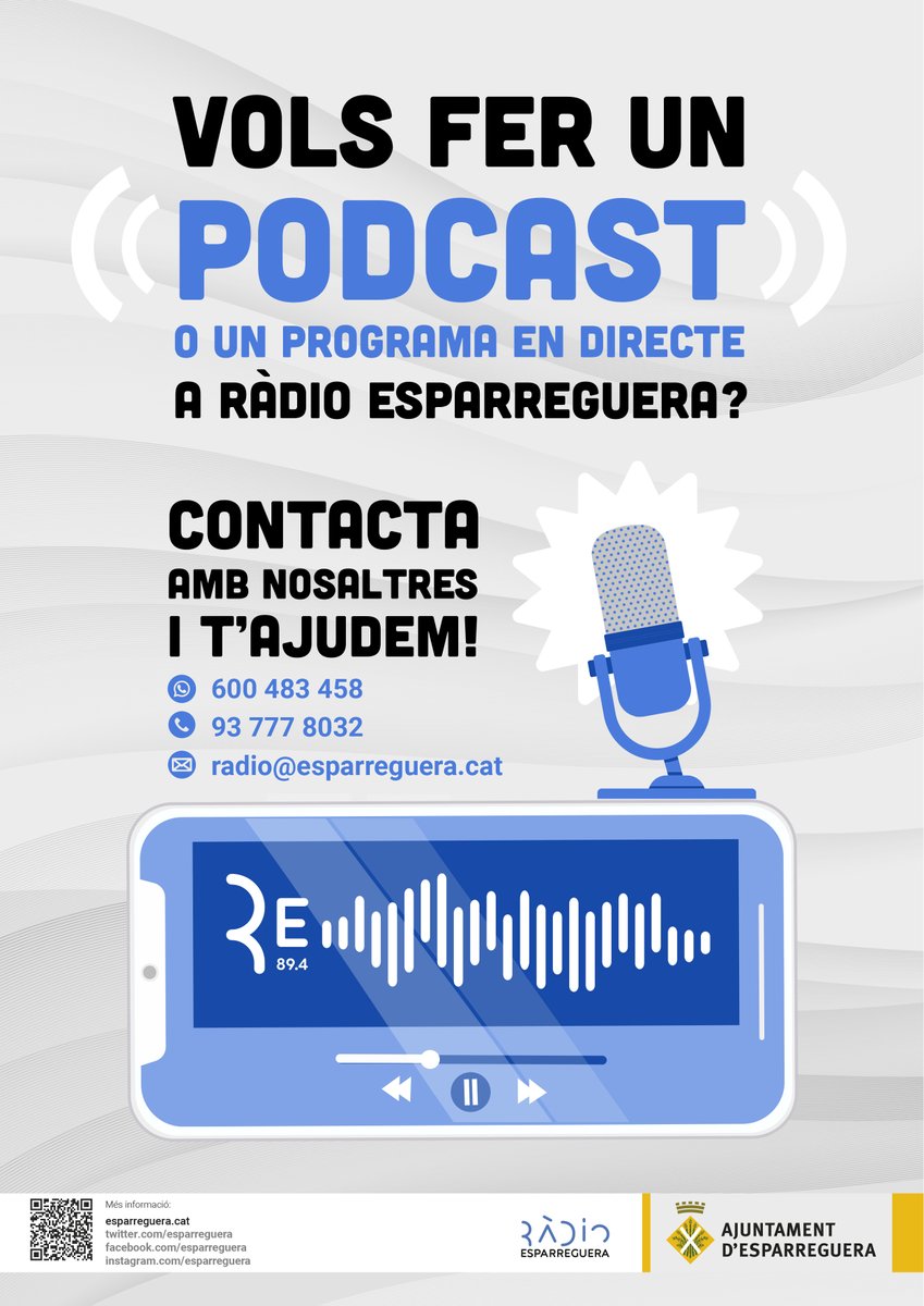 esparreguera's tweet photo. 🎙️ Vols fer un #podcast o un programa de ràdio en directe? Contacta amb @EsparregueraFM !

📞 93 777 8032
📱 93 777 8032
📧 radio@esparreguera.cat
💻 https://t.co/6bpbW1oQkW

👉 https://t.co/FAUeffnj46 https://t.co/qj5KfHh8wj