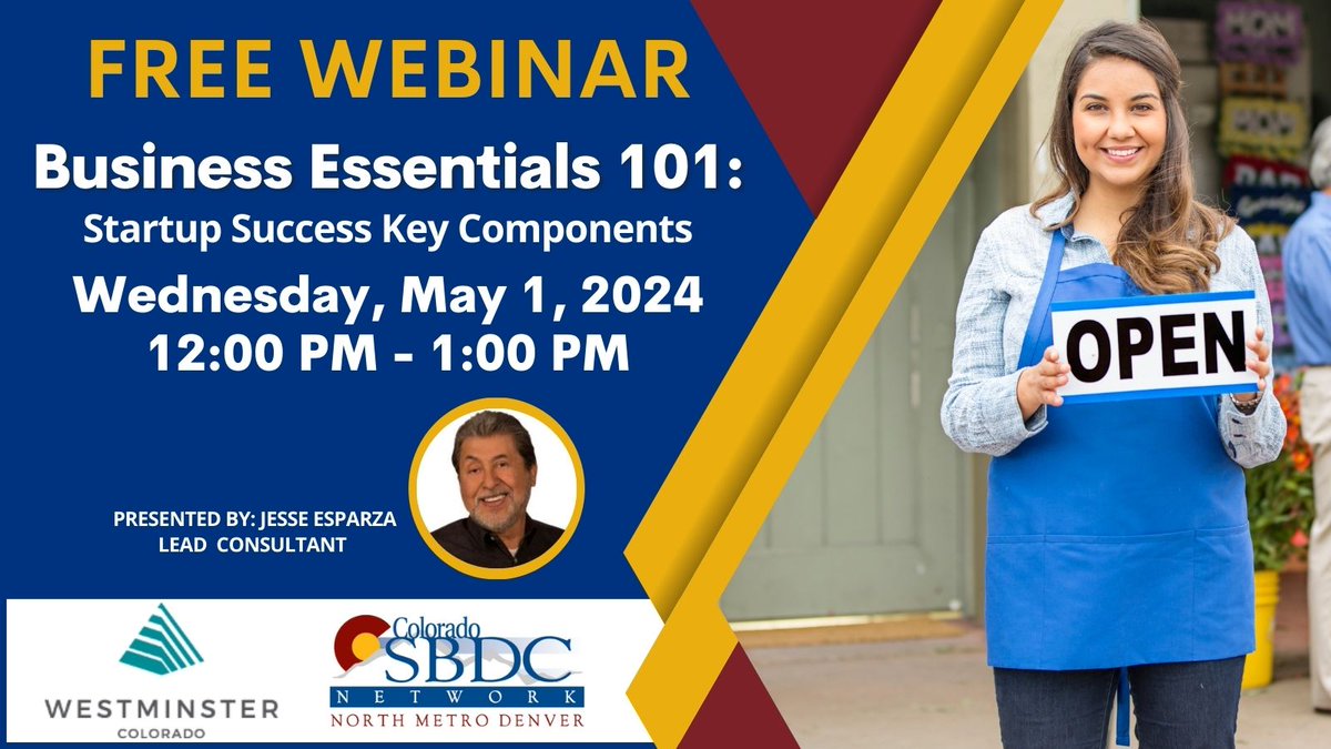 🚀 Join Business Essentials 101! From legalities to marketing, get all the basics covered. 💼

📅 5/1/2024
🕛 12-1 PM

Sponsored by @westminsterco

👇 Register:
ow.ly/HXwq50RnBKh

#NorthMetroSBDC #sbdc #startup #startuptips #startups #startupbusiness #cityofwestminster