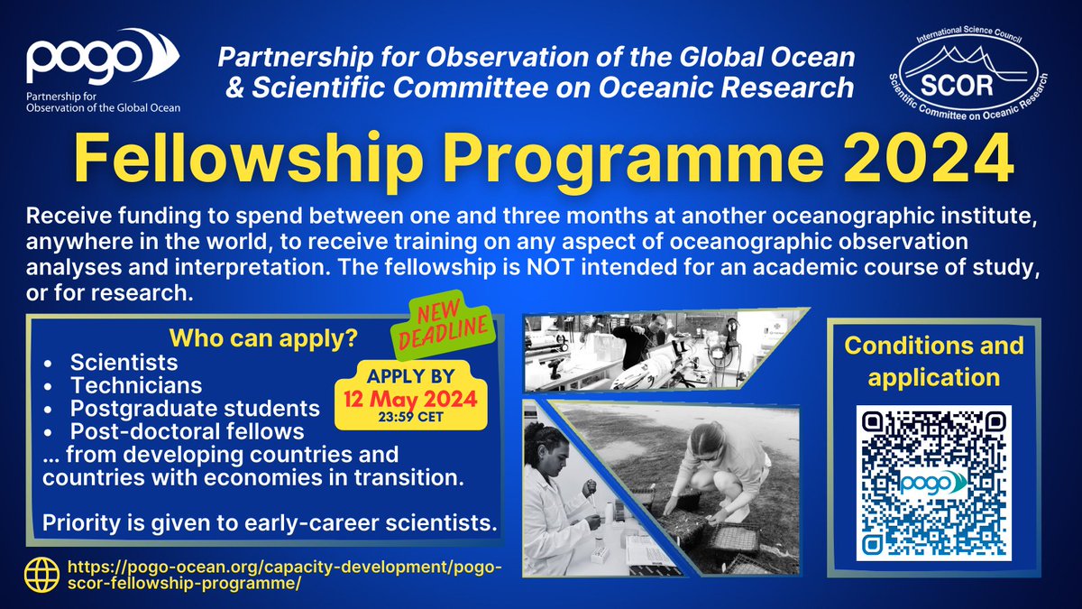 📣Deadline extended to 12 May! There is still time to apply for the @POGO_Ocean-SCOR Fellowship Programme 2024! See details at mailchi.mp/12046a067e34/p….
