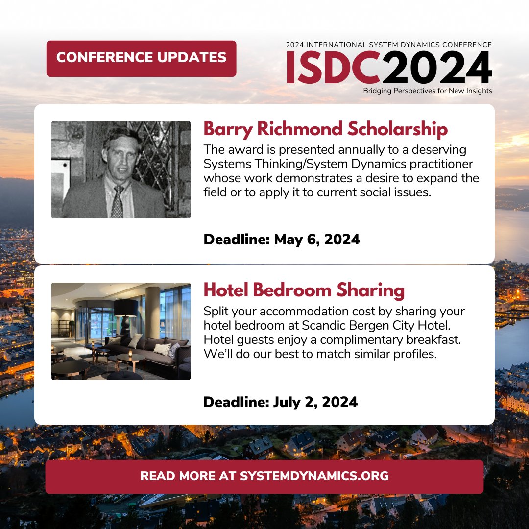 📣 #ISDC2024 UPDATES! Expand your horizons and enhance your Conference experience. 🏆 Barry Richmond Scholarship by isee systems: ow.ly/ofzR50Rqb02 🛏️ Hotel Bedroom Sharing: ow.ly/A86X50Rqb03 #SystemDynamics #systemsthinking