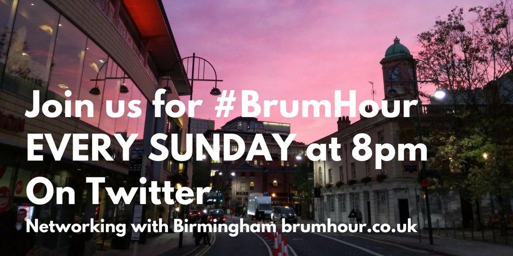 You are invited to join us for #BrumHour Sundays at 8pm, get networking with #Birmingham. Share about your business, freelancing skills, venues or charity work. Just add #BrumHour to your posts, follow this account & repost others. Discover more at brumhour.co.uk