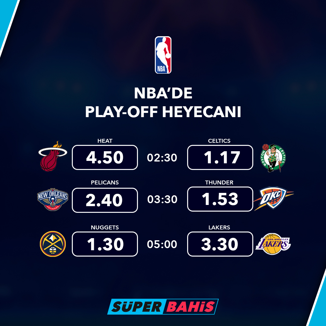 🔹 NBA’de Playoff heyecanı SüperBahis’te sizlerle! #NBA 🎁 Spor bahislerinde her hafta %10 iade şansını kaçırmayın! 📲 Hemen oynamak için —> ow.ly/WQ2450RqLIr