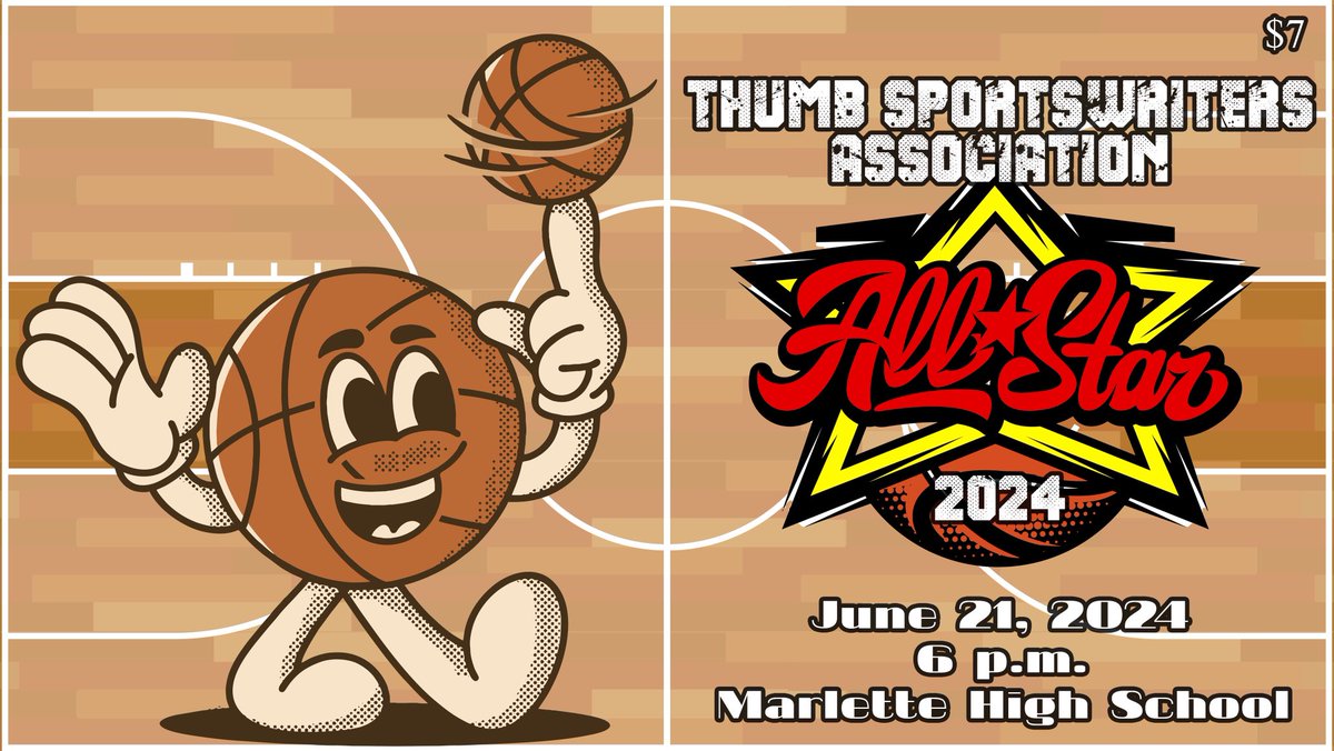 For the first time in the Thumb Sportswriters History. The 2024 TSA All-Star game is heading to Marlette!

Friday June 21st at 6pm

Girls &amp; Boys All-Star Game
Three Point Contest
Dunk Contest 

$7 Admission for all the events