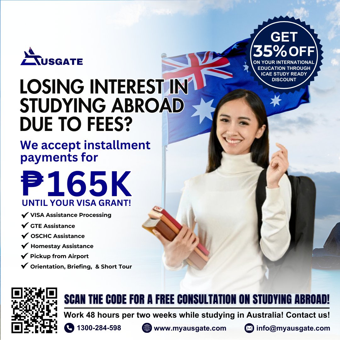 Pay in installments with us and achieve your Australian dream! Hit this link to book FREE CONSULTATION: calendly.com/info-ausgate

#StudyInAustralia #AustralianEducation #StudyAbroadExpert #AustralianVisa #StudentVISA #InternationalStudents #StudyAbroadConsultants