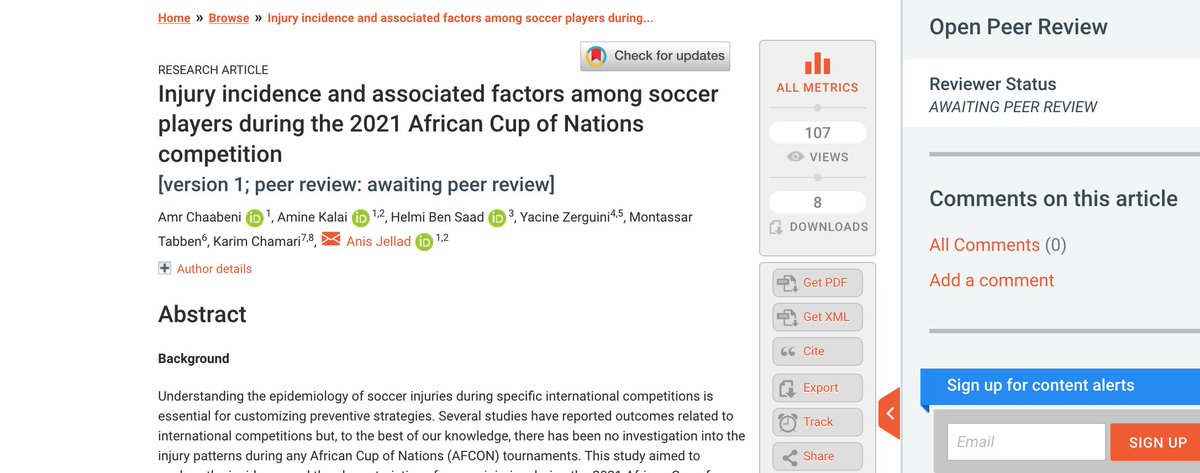 La 1ère version de l'article 
"Injury incidence and associated factors among soccer players during the 2021 African Cup of Nations competition" 
dont le Dr Yacine zerguini (Allah Yrahmou Inchallah) est le co-auteur: 

f1000research.com/articles/13-392