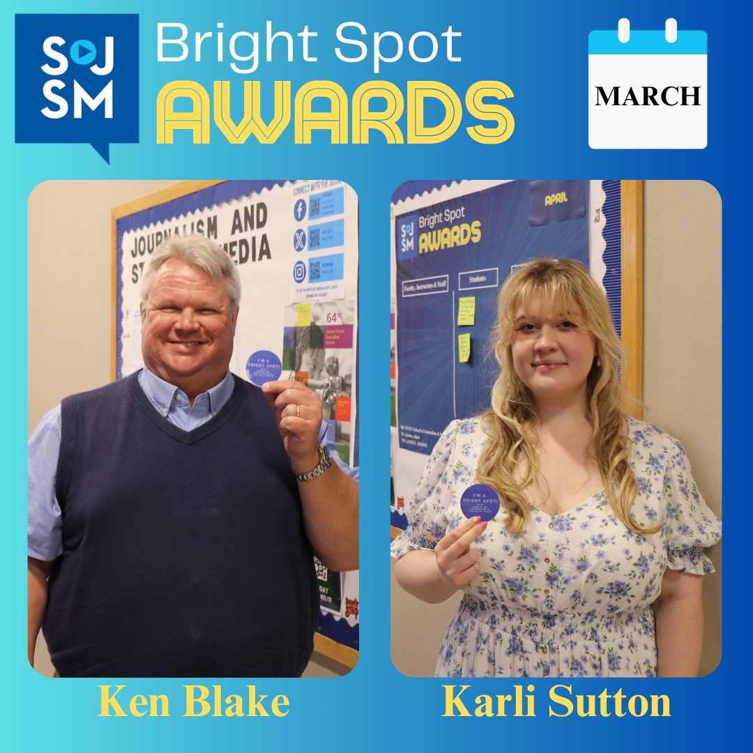 Congratulations to our Bright Spot Award recipients for March 2024! The BSAs recognize the faculty and students who make the SoJSM a fantastic place to learn and work. Karli has the distinction of being our first repeat winner!

#mtsu #sojsm
