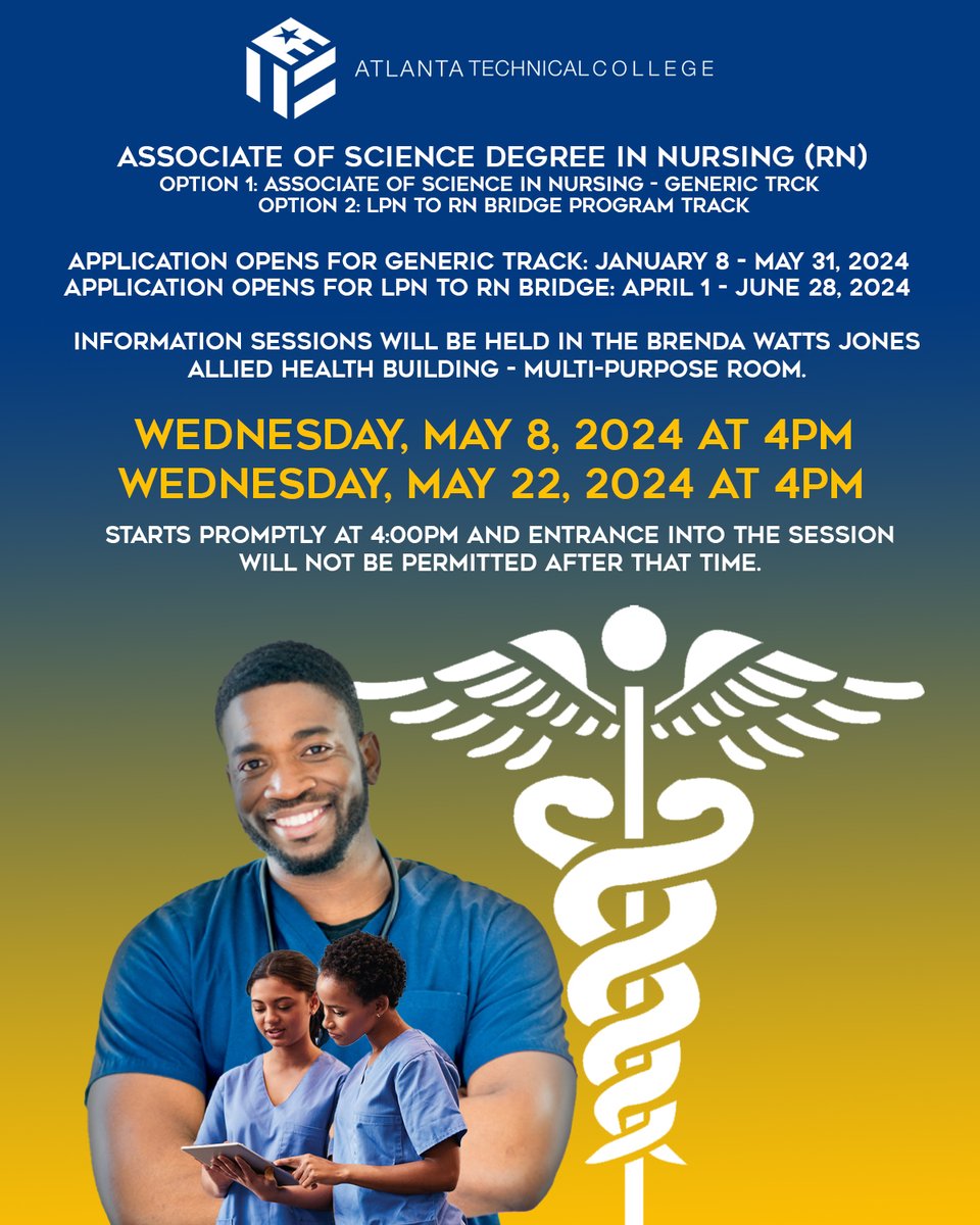 Unlock Your Future in Nursing! 🩺 Join us at Atlanta Technical College's Information Session for the Associate of Science Degree in Nursing on May 8 and May 22 at 4pm. Discover how this program can pave the way for your RN career. . #ATC #AtlantaTech #Nursing #RN #Atlanta