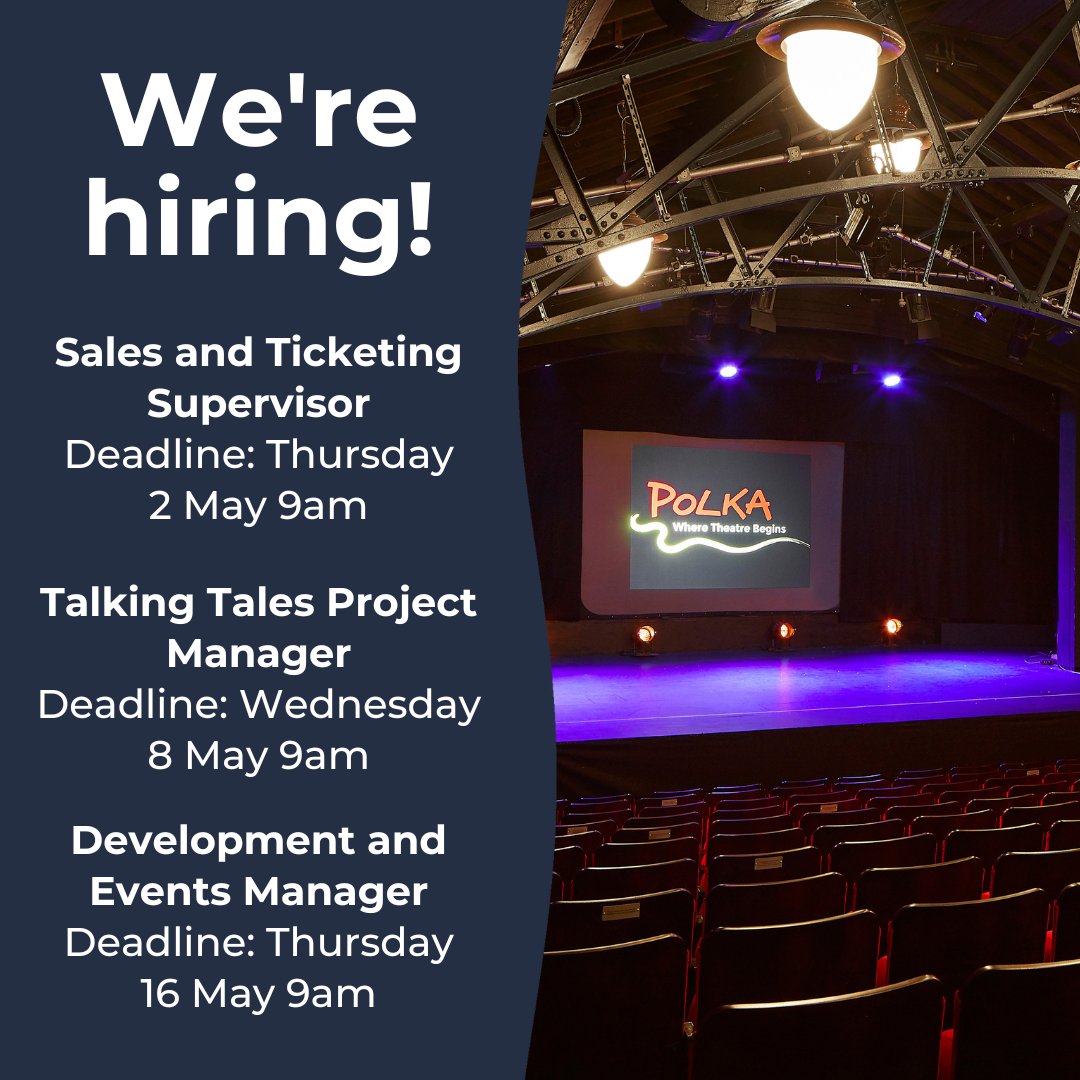 🚨Job vacancies 🚨 We're currently hiring for 3 different roles; Sales and Ticketing Supervisor, Talking Tales Project Manager and Development and Events Manager! Check out our website for more information on each role >> polkatheatre.com/jobs/