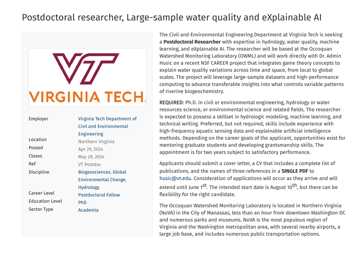 I have an opening for a 2-year postdoc fellowship at #VTCEE on large-sample hydrology, water quality, and eXplainable AI. The position is in NoVA, close to DC with many opportunities for work and play. Please share broadly! Start date is August (but can be flexible). Email me!