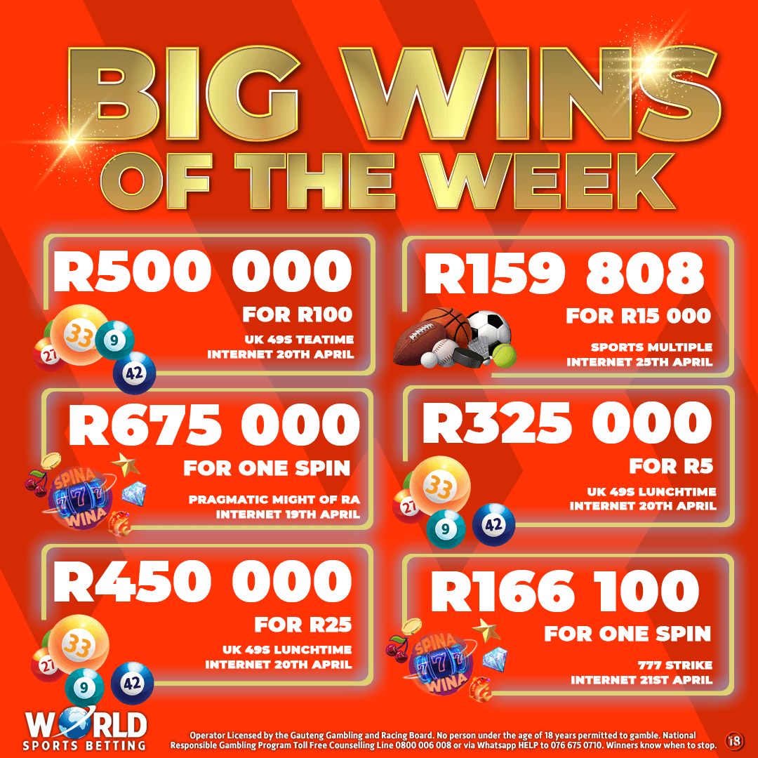 💫BIG WINS OF THE WEEK 💫 Congratulations to all our recent BIG winners! 🎉 Get the winning feeling @ #worldsportsbetting today! 🤩 #WinWithTheBest #WSB #Winners 🥳 wsb.co.za