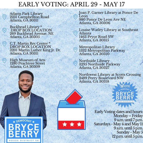 Early voting begins today!! Want to know where to go and when to go? Here are the locations in and around the District. Don’t waste a single second…VOTE EARLY! Let’s show that District 56 is #BetterWithBerry #gapol #atlpol #Berryfor56