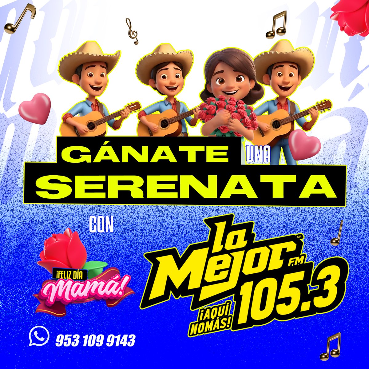 ¿Ya estas participando?🤗🤔

¡REGALALE A MAMÁ UNA SERENATA!🥰🎻💐
Porque madre solo hay una y como la mía ninguna❤️🥰

ESTE 10 DE MAYO, ¡FESTEJA A MAMÁ CON NOSOTROS!🥳🎉❤️

Sintonízanos y descubre como puedes ser un ganador o ganadora de esta increíble promoción📻🤩🥳

#LaMejorFM