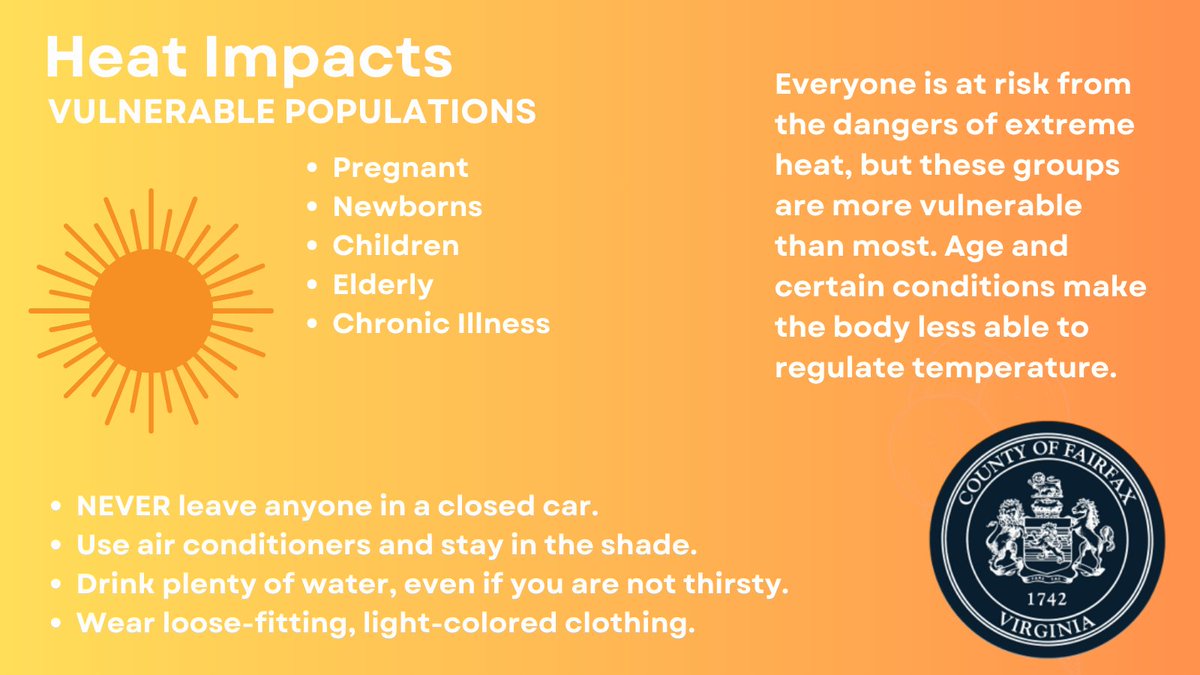 Weather is expected to be hot today. Remember to: 💧 Stay hydrated 🌳 Find shade 👶 Don't leave kids/pets unattended 🏘️ Check up on neighbors Vulnerable populations are more vulnerable than most. Age and certain conditions make the body less able to regulate temperatures.