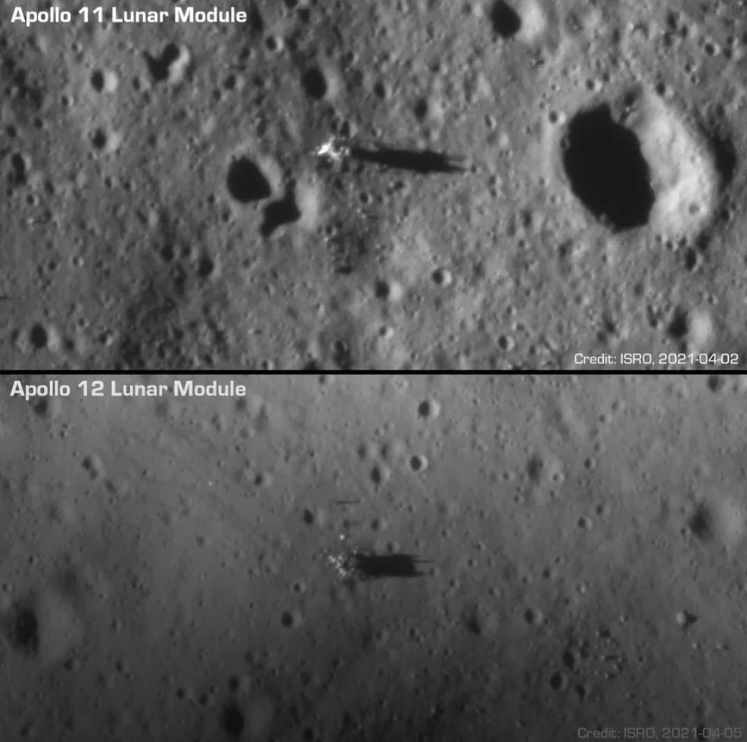 Image of Apollo 11 and 12 taken by India's Lunar orbiter. Disproving Moon landing deniers.