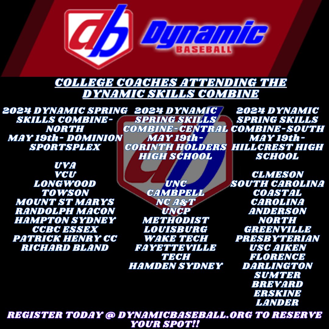 List of confirmed college coaches attending the Dynamic Spring Skills Combine May 19th! Sign up today to reserve your spot and show of your skills in front of college coaches! events.dynamicbaseball.org/?month=5&name=…